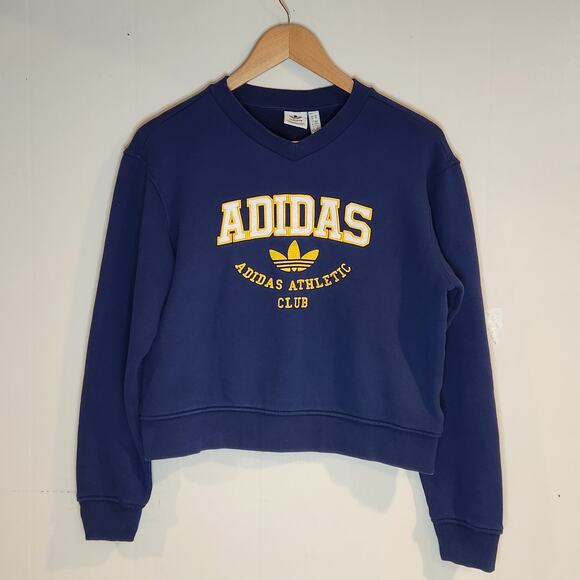Adidas College Graphic Womens XS Oversized Sweatshirt Blue Yellow Crewneck - Picture 1 of 4